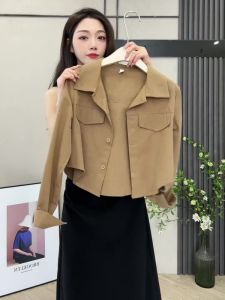 Premium Denim Cotton Short Shirt Jacket Womens Early Spring Fashion Slim Fit Strap Dress Outer Cardigan Set Korean Style Commute