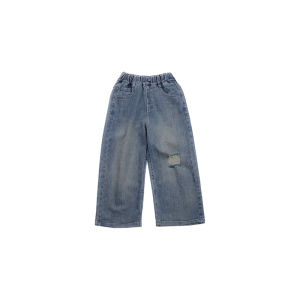 Korean Style Ripped Denim Jeans Straight Leg Baby Girls Spring Autumn New Fashion Retro Cotton Trousers Childrens Clothing