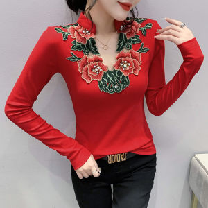 YIMEI การออกแบบแฟชั่นลายดอกไม้ปั๊มร้อนเพชรของผู้หญิงเสื้อยืด2023ฤดูใบไม้ร่วงใหม่สีแดงผ้าฝ้ายท็อปส์แฟชั่น Bottoming เสื้อแขนยาว
