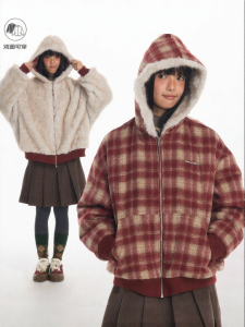 JNXS | Áo Khoác Bông Cotton Cổ Đô Phía Đôi Kiểu Plaid Lông Mink Giả