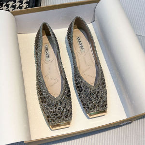 Fashionable Flat Bottom Single Shoes for Women Spring 2025 New Style Shallow Mouth Rhinestone Evening Wind Bean Bean Shoes