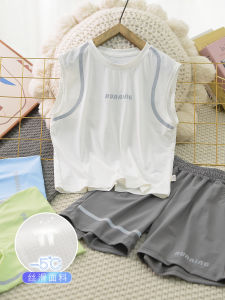 Boys Summer Outfit Ice Silk Vest Set Quick Dry Thin Sporty Reflective Strip Sleeveless T-Shirt Casual Two-Piece Childrens Clothing