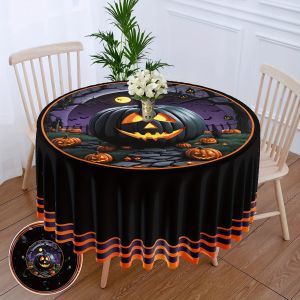 VIKAMA Halloween Spooky Pumpkin Tablecloth Bat Tombstone Pattern Waterproof Oilproof Round Party Theme Restaurant Decoration