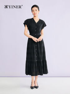 YINER | Elegant V-Neck Ruffled Sleeve Textured Silk Dress