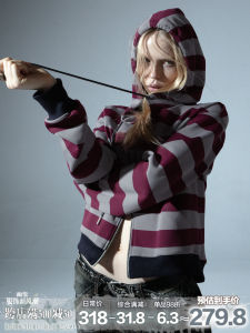 เสื้อสเวตเตอร์มีฮู้ดแบบมีซิป DoublePunch ทรงสั้น สไตล์พังก์ย้อนยุค ลายทางสีบล็อก สำหรับผู้หญิง ฤดูใบไม้ผลิและฤดูใบไม้ร่วง