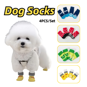 4Pcs Cute Pet Dog Socks with Print Anti-Slip Cats Puppy Shoes Indoor Outdoor Paw Protector Cover