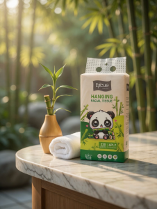 EXCUE HANGING FACIAL TISSUE 220 4PLY WITH PANDA DESIGN ON MARBLE SURFACE WITH BAMBOO STALKS