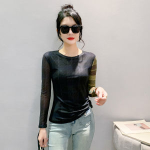 REHIN European Style Botanical Flower Print Mesh Long-Sleeve T-shirt Slim Fit Fall/Winter Fashion Round Collar Elegant S-4XL Womens Top