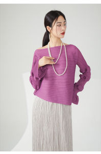 Miyake Pleated High Elastic Top for Women Slimming Belly-Covering High-Grade off-Neck Lantern Sleeve Irregular Loose All-Matching Pullover T-shirt # 25318zsj