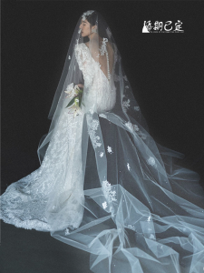 Korean Style Long Lace Bridal Veil Hair Accessory Photography Props for Wedding Dresses Drag Tail Main Costume Studio Shape