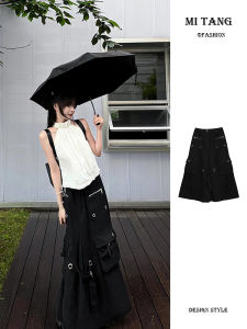 Váy Dài Nửa Thân Màu Đen Cạp Cao Sang Trọng Có Chi Tiết Kim Loại Cho Nữ Váy Công Sở Mùa Hè 2025 Váy Chữ a Xếp Nếp