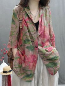 Retro Cotton Linen Printed Suit Jacket plus Size Womens Midi Length Collarless Elegant Versatile Western Style Open Cardigan