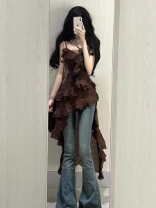 Váy Dài Không Tay Kiểu Pháp Cỡ Lớn Cho Nữ Mùa Hè Váy Chữ a Cạp Cao Váy Đi Biển Không Đều Váy Không Dây