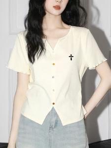 Beige V-neck Short Sleeve Womens Summer Slimming T-shirt