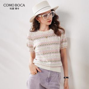 เสื้อยืดคอตตอนไหมคอตตอนผสมไหม Comoboca สำหรับผู้หญิง แขนสั้น ทรงเข้ารูป ทรงเข้ารูป แขนสั้น ปกกลม เสื้อยืดคอกลม