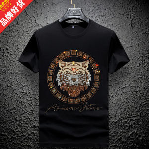 เสื้อยืดแขนสั้นผ้าคอตตอนมันเงาคุณภาพสูงสำหรับผู้ชาย ทรงหลวม สไตล์ลำลอง ดีไซน์หัวเสือ แฟชั่นฤดูร้อน ปักเพชร แบรนด์เนม