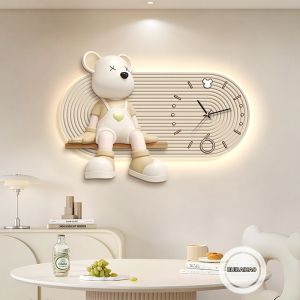 RUIBAHAO | Creative Cream-colored Bear Cartoon Clock Wall Art