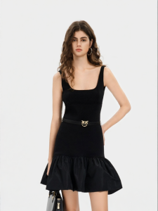 Pinko | Black Square Neck Sleeveless Waist-Cinching Dress