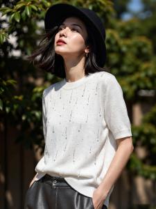 Basic House | Blue Round Neck Pearl Buttoned Short Sleeve Knitted Shirt High-end Casual Wear