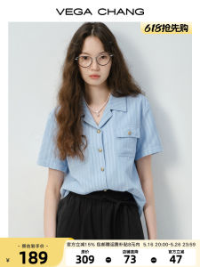 VEGA CHANG Womens Short Sleeve Shirt Casual Turn-down Collar Vertical Stripes Loose Fit Summer Fashionable Casual Shirt