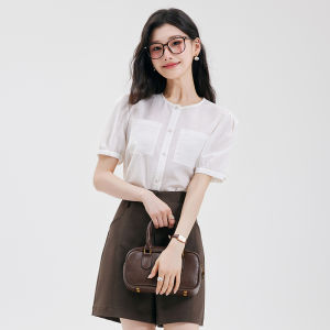 Blue Short Sleeve Shirt for Women with Round Neck Formal Business Wear