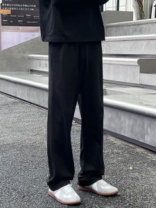 Pure Black Heavyweight Straight Leg Sweatpants Mens Spring Autumn Fleece Lined American High Street Scythe Pants Casual Sports Trousers