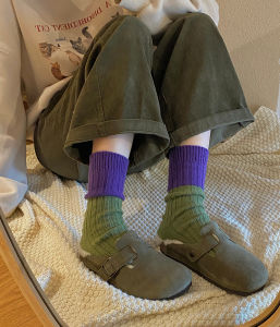 Thickened Woolen Socks Womens Autumn Winter Warm Long Tube Striped Japanese Retro Color Block Thick Line Mid-Calf Socks