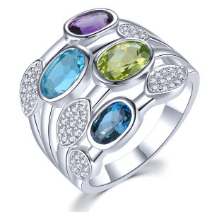 Natural Blue Topaz Peridot Solid Silver Rings 4.2 Carats Genuine Multicolor Gemstone Women Romantic Style Fine US Size 6