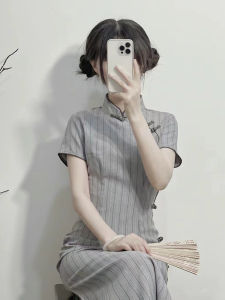 Young Girls Grey Stripe Summer Dress Cheongsam Vintage Style Short Sleeve Low Slit Daily Wear Retro Bookish Atmosphere Dress