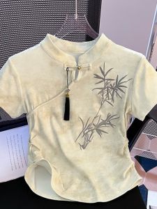 เสื้อยืดแขนสั้นปักลายสไตล์จีนใหม่สำหรับผู้หญิงในช่วงฤดูร้อนปี 2025 เสื้อตัวเล็กทรงเก๋ไก๋ที่ไม่ซ้ำใคร ผ้าฝ้ายผสมยางยืด