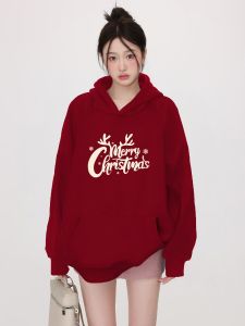 คริสต์มาสสีแดงคู่รัก มีฮู้ด คอกลม เสื้อสเว็ตเชิ้ต หนาขึ้น ผ้าขนแกะ ฤดูใบไม้ร่วง ฤดูหนาว ใหม่ 2024 เครื่องแต่งกายส่วนบนสําหรับผู้ชายและผู้หญิง