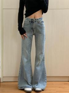 กางเกงยีนส์ทรงขาบานสไตล์อเมริกันย้อนยุคสำหรับผู้หญิงไซส์เล็ก กางเกงขายาวเอวสูงทรงหลวม ทรงหลวม กางเกงขายาวทรงสลิมฟิต