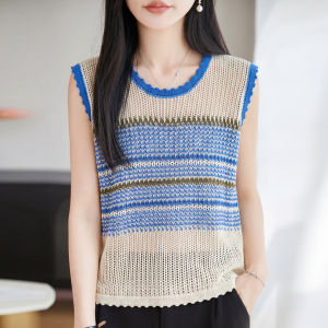 YUEXINYIRONG | French Striped Ventilation Sleeveless Knitted Top