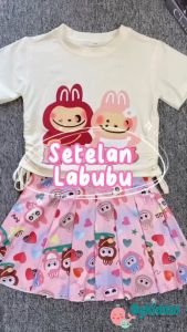 ByKiddos - Setelan Anak Perempuan Motif LABUBU Lengan Pendek dan Rok Pendek Modis Gaya Feminim Baru