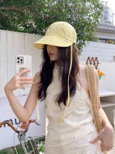 Summer Womens Striped Fishing Cap Sun Protection Outdoor Travel Hat Face Slimming Japanese Style Casual round Top Big Brim Hat
