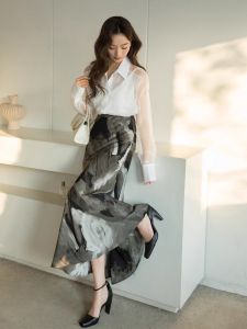 Elegant Luxury Acetate Satin Printed Half Skirt Draping Vintage Fish Tail Skirt High Waist Long Skirt Floral Pattern