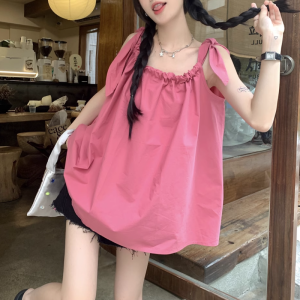 เสื้อเชิ้ตผ้าชีฟองแขนกุดหลวมๆ สำหรับผู้หญิงในช่วงฤดูร้อน ผูกเชือก ปกปิดหน้าท้อง เสื้อกั๊ก แขนกุด คอเหลี่ยม สไตล์เกาหลี