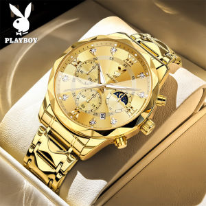 PLAYBOY นาฬิกาข้อมือผู้ชาย สายสแตนเลสสีทอง ระบบควอทซ์ กันน้ำ มัลติฟังก์ชั่น มีกลไกจับเวลา และหน้าปัดประดับคริสตัล สไตล์หรูหรา