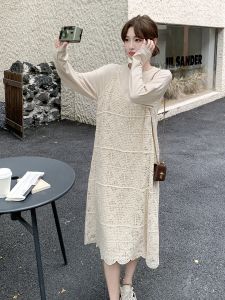 ชุดเดรสแขนยาวผู้หญิงฤดูใบไม้ร่วง 2025 ชุดเดรสกระโปรงทรงเอคอวีทรงตรงสองชิ้นสำหรับผู้หญิงไซส์เล็ก