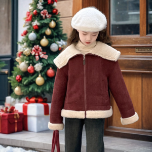 Thickened Fleece Inner Leather Fur Integrated Childrens Winter Coat for Girls Red New Years Clothes Casual Style Jacket