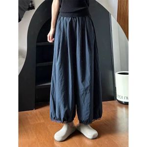 กางเกงทรงหลวมเอวสูงสไตล์ฤดูร้อนสำหรับผู้หญิง กางเกงขายาวทรงหลวม 9 ฟุต ลายดอกไม้ เอวยางยืด ทรงหลวม ทรงหลวม