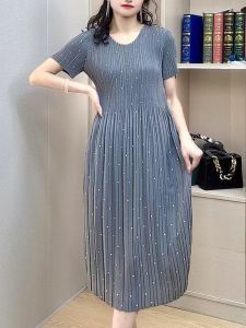 V-Neck Pleated Polka Dot round Neck Short Sleeve Long Dress Elastic Mid-Aged Mom Slimming Anti-Aging Knee-Length Skirt