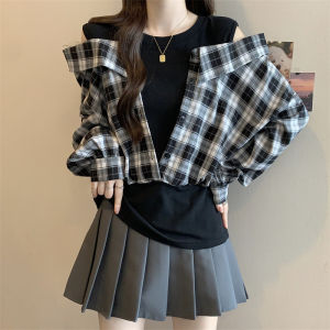 plus Size Retro Plaid Long Sleeve Shirt Womens Design Slimming Waist High Waist Korean Style Hollow out Polyester Cotton Blend