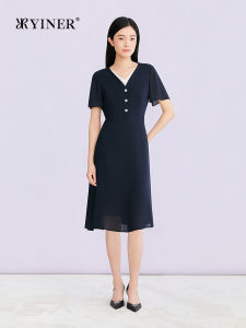 YINER | Elegant Beaded V-Neck Blended Acetate Waist-cinching Dress