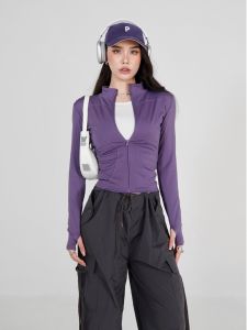 เสื้อโยคะออกกำลังกายแขนยาวคอตั้งระบายอากาศได้ดีสำหรับผู้หญิง ฤดูใบไม้ผลิและฤดูใบไม้ร่วง เสื้อคลุมกันแดดแบบมีซิปสำหรับกลางแจ้ง