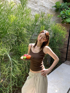 Slim Fit U-Neck Brown Vest Top Inner Wear Versatile Coffee Color Essential Good Wear Casual Commute Style Cotton Blend Vest