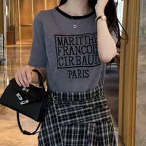 Shalldoer | Bộ đồ hai mảnh thời trang mùa hè cho nữ tay ngắn cổ tròn màu tương phản váy nửa thân họa tiết kẻ caro dễ thương