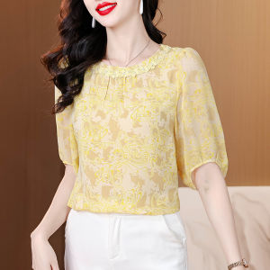 DAIXIANGFEIZI | Áo Sơ Mi Chiffon Hoa Cổ Ngắn
