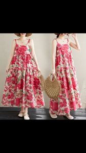 🌟CORE🌟 women skirt new style 2025 Printed Patchwork Thin Long Dress Loose Slip Dress Large Hem Cake Dress
