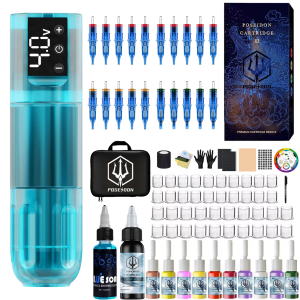 Tattoo Kit POSEIDON New Blue Tattoo Pen Kit For Permanent Makeup Tattoo Machine Kit Transparently Tattoo Power Supply Tattoo Kit